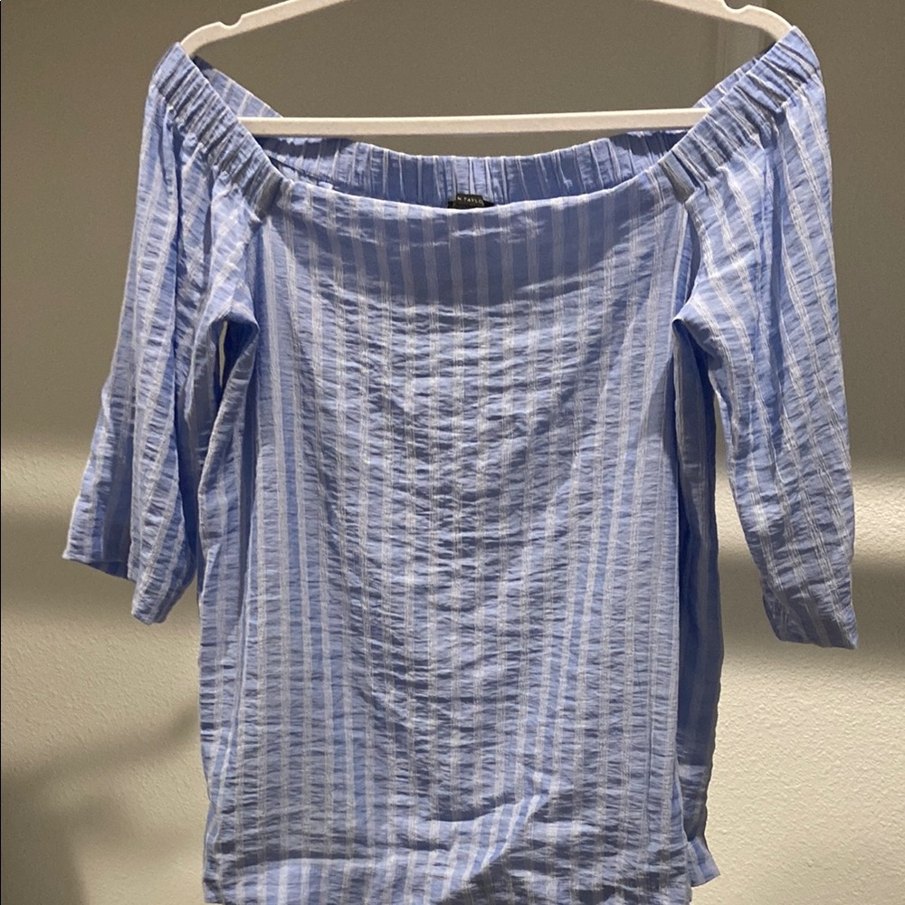 Ann Taylor Blue and White Ruched Off-Shoulder Blouse